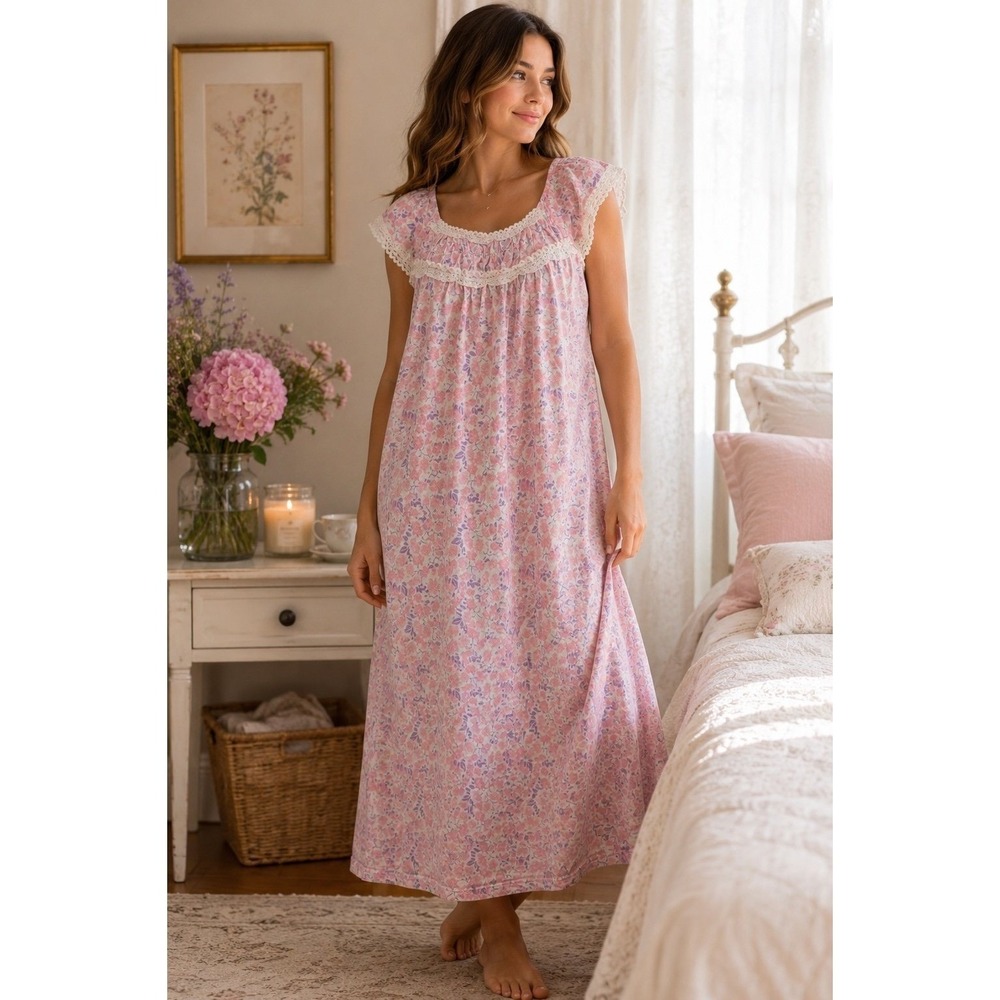 Rebecca‎ Malone Intimates Floral Cotton Nightgown Sleepwear M Pink Lace